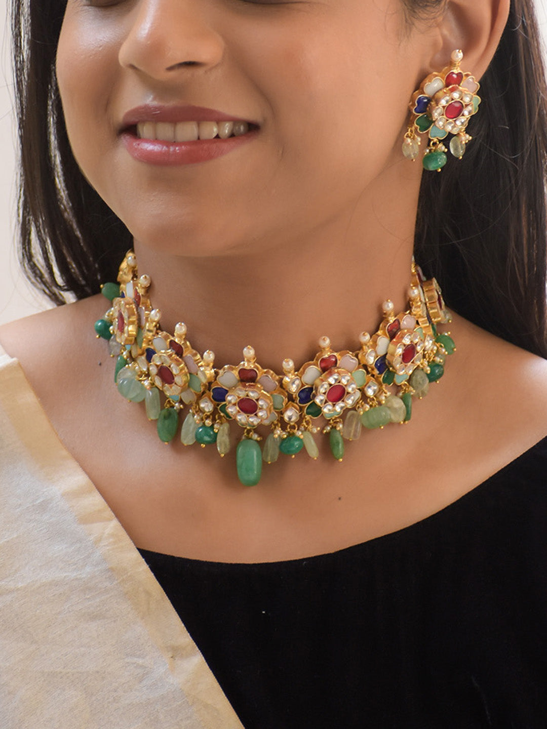 Premium Crafted 18K Gold Plated Kundan Choker Set with Colorful Gemstones and Pearl Drops