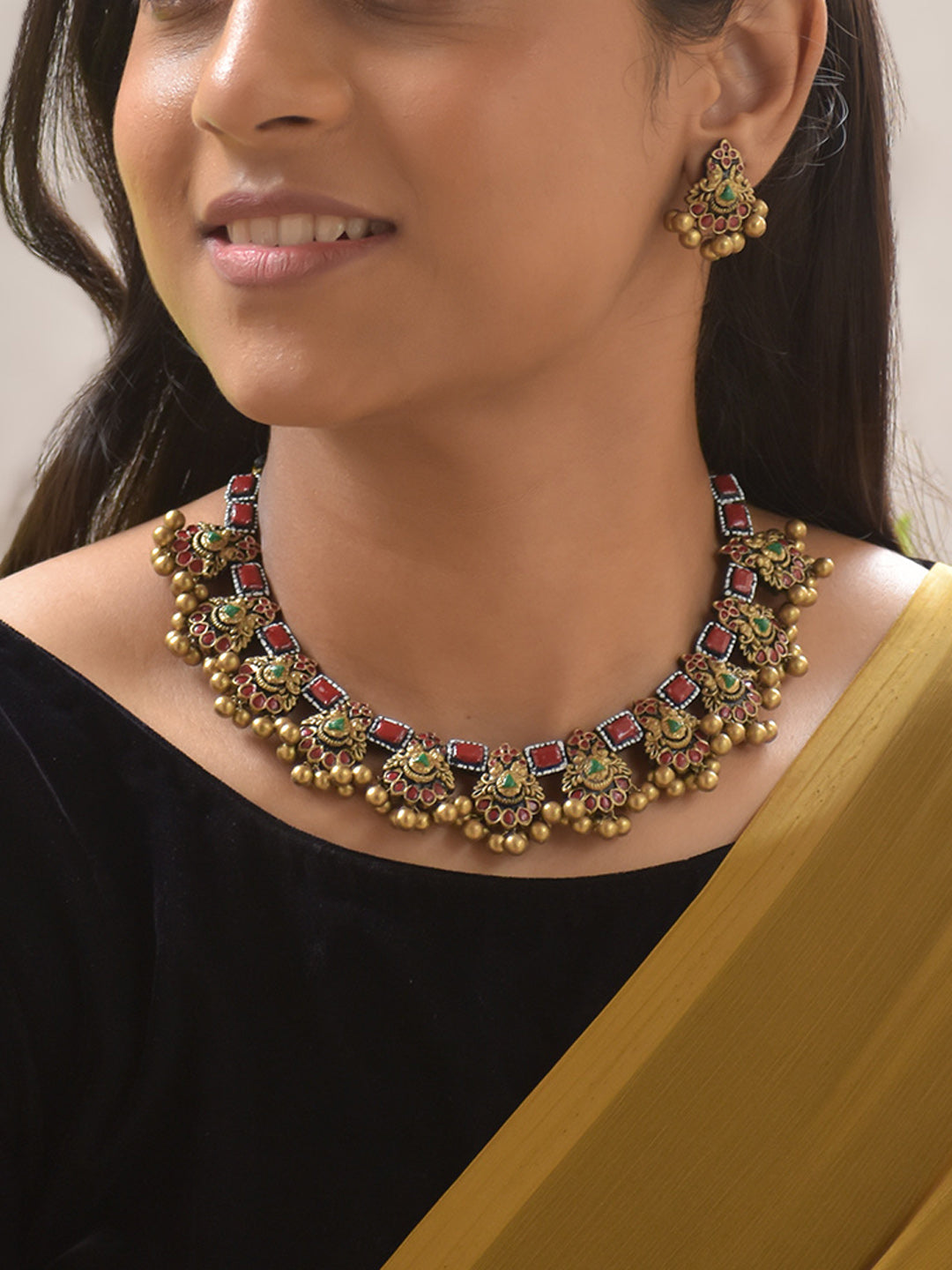 Ranjani - Antique Gold Beads Red & Green Terracotta Temple Necklace Set Stud Earrings