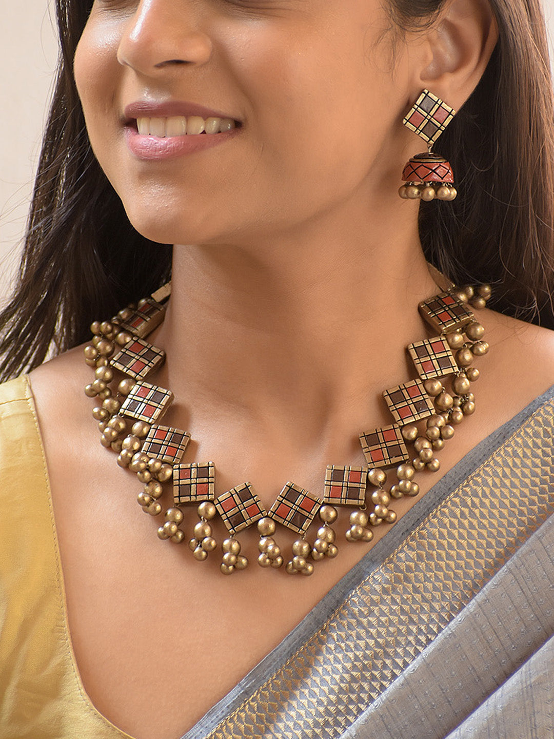 Handcrafted Geometric Terracotta Jewellery Set in Red, Brown and Antique Gold Finish
