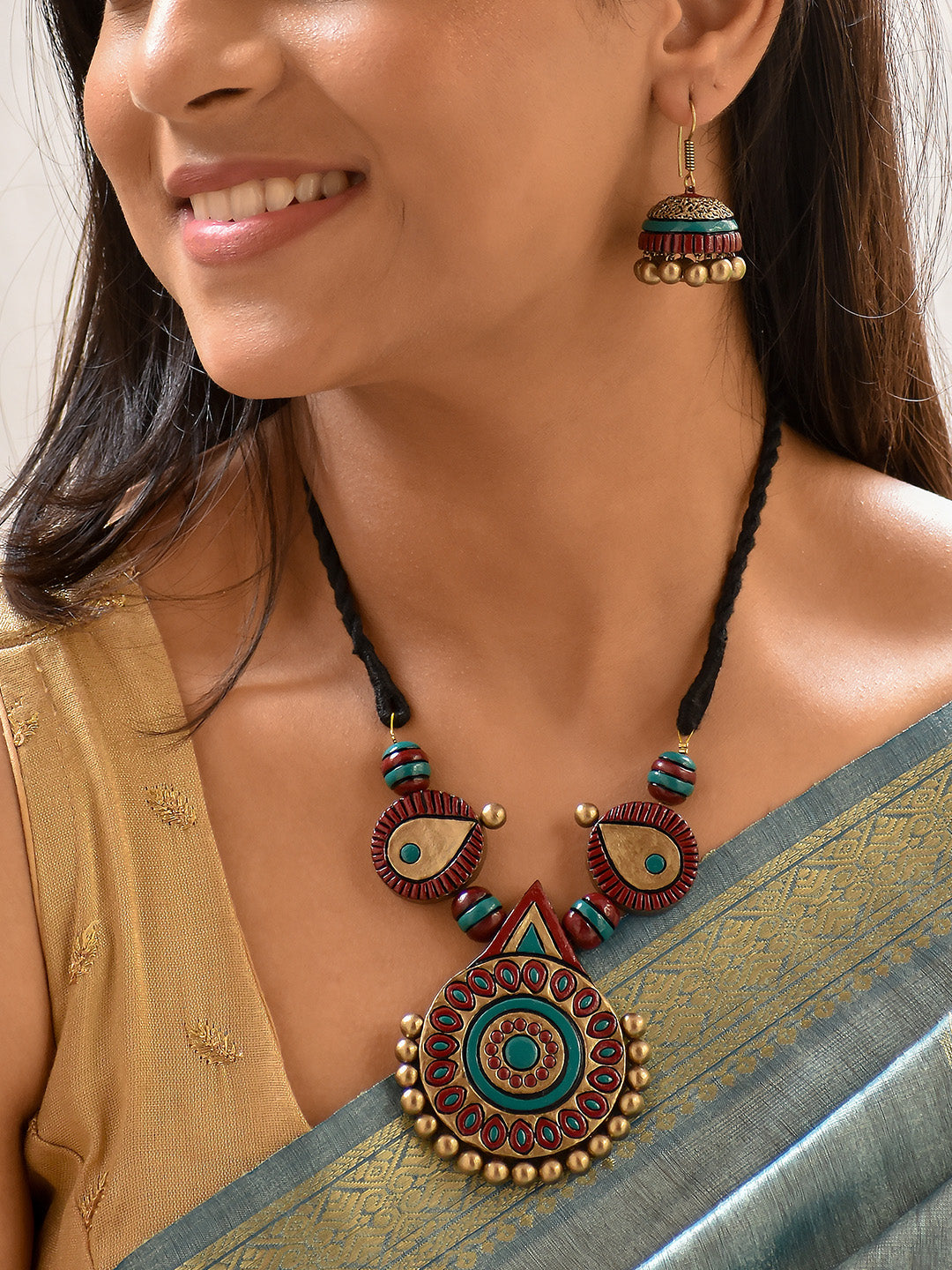 Varnika — Beautifully Handcrafted Geometric Terracotta Jewellery Set in Teal, Maroon & Antique Bronze