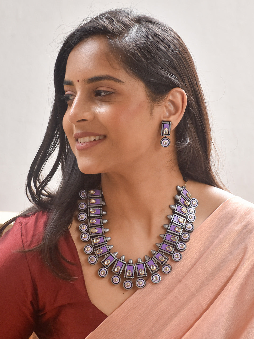 Handcrafted Contemporary Terracotta Jewellery Set in Purple, Black & Silver