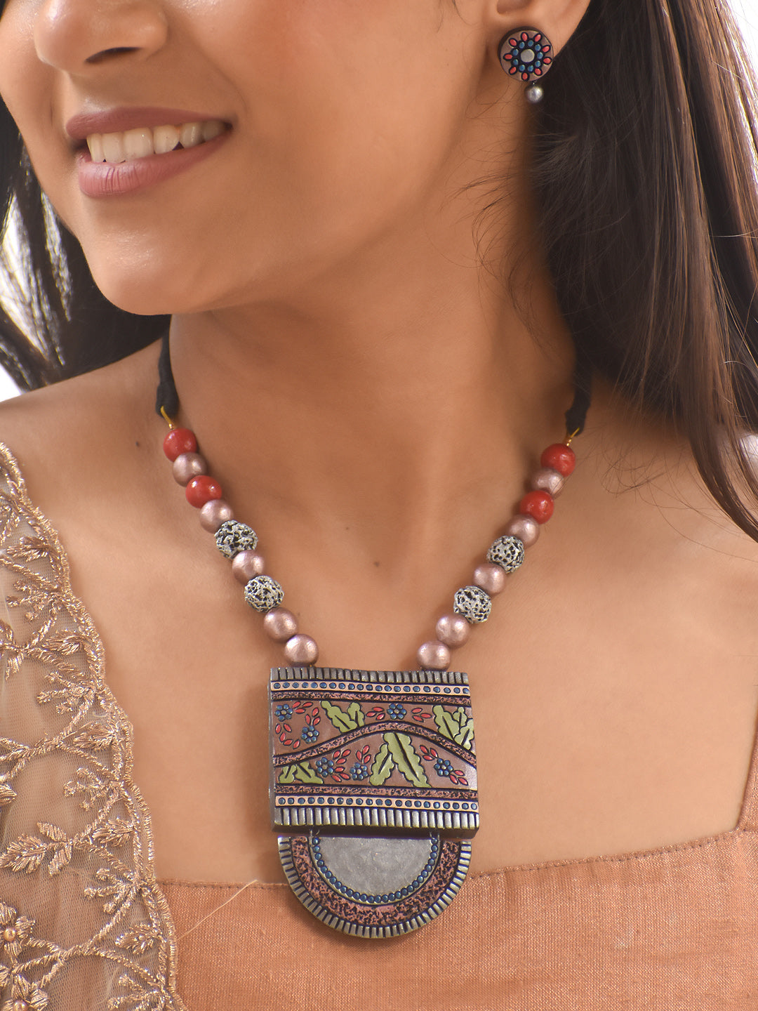 Handcrafted Terracotta Statement Necklace Set with Intricate Painted Pendant and Matching Studs