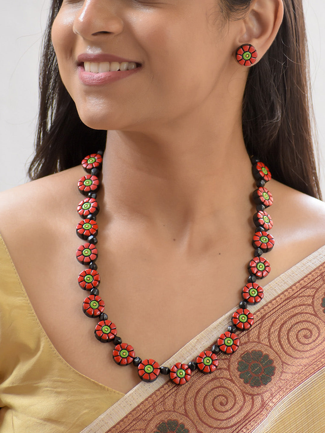 Handcrafted Red Floral Terracotta Jewellery Set with Black Beads