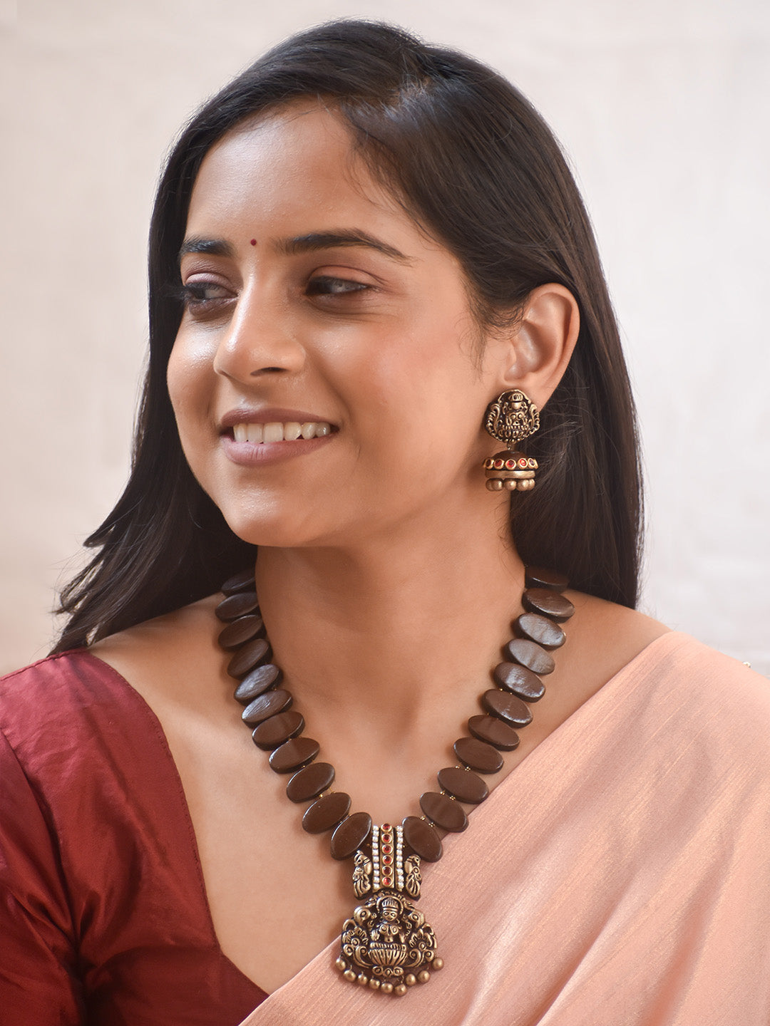 Handcrafted Terracotta Lakshmi Pendant Necklace Set with Gold Bead Earrings