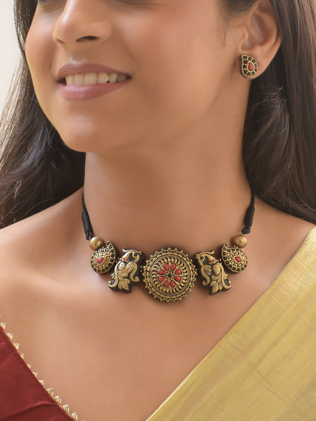 Mayurika - Handmade Terracotta Twin Peacock Choker Necklace Set – Antique Gold & Red Earrings