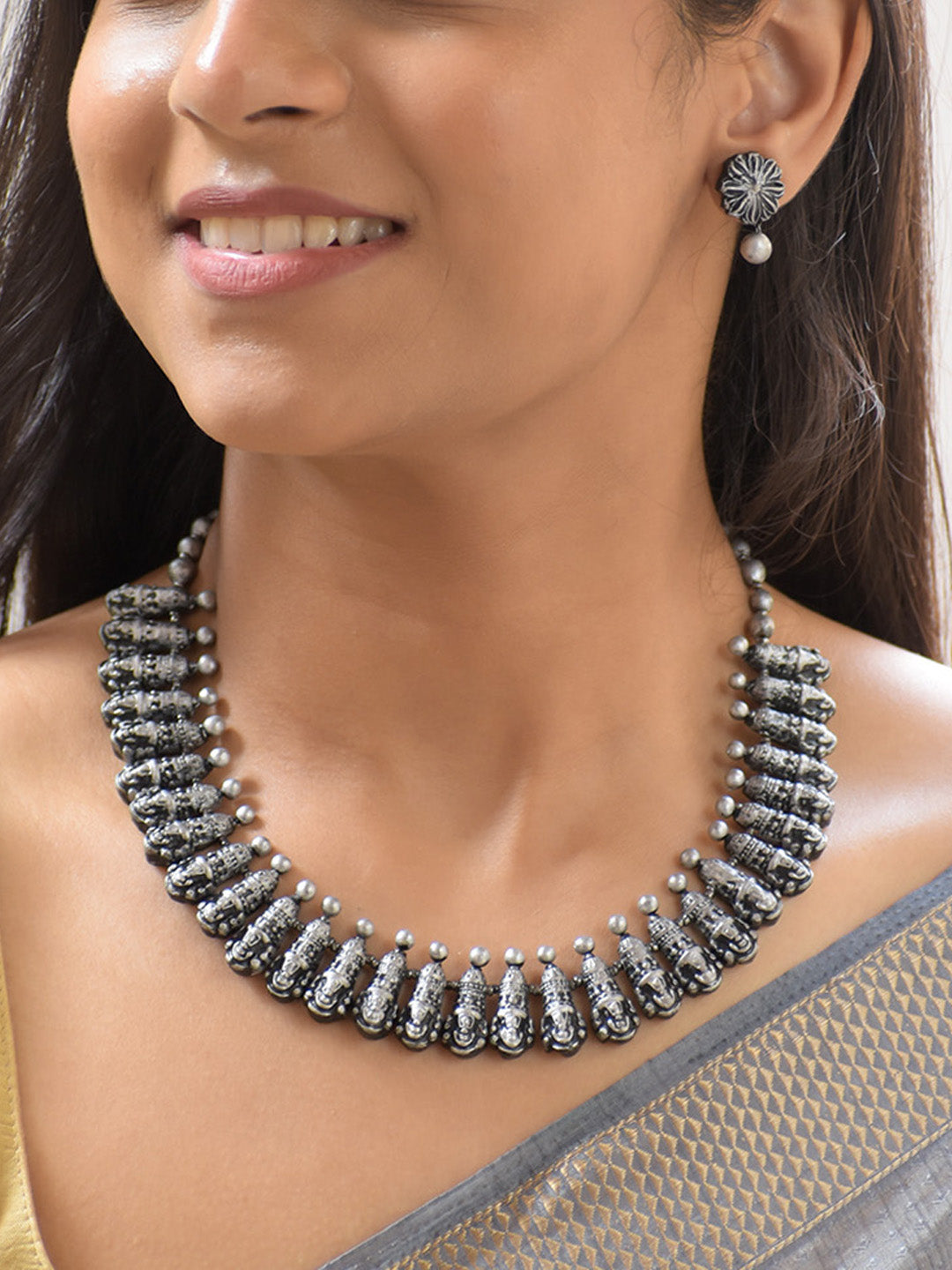 Handcrafted Silver Lord Venkateshwara Motif Temple Necklace Set with Pearl Accents