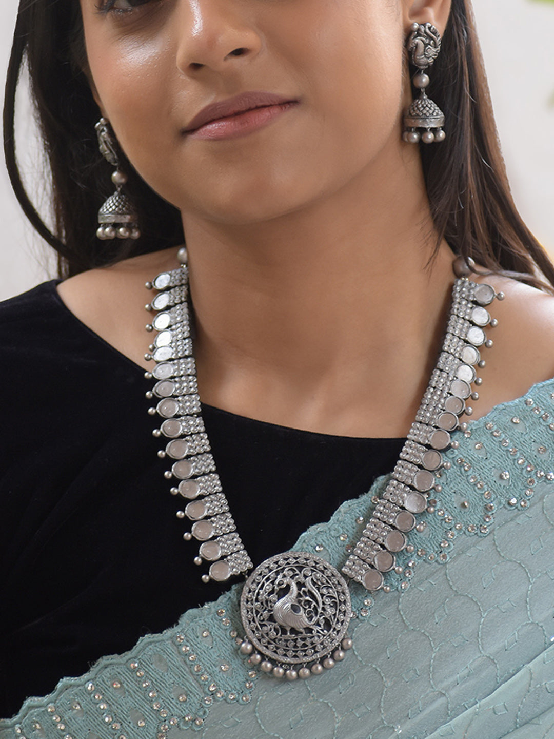 Silver Peacock Coin Design Handmade Terracotta Necklace Set