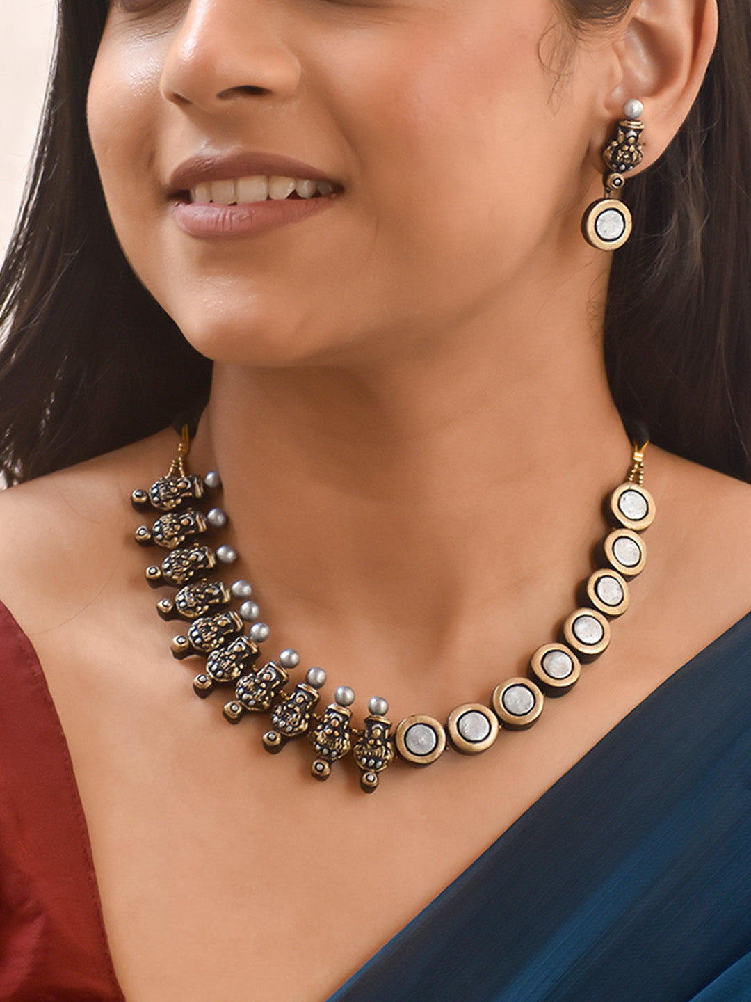 Handcrafted Circular Design Terracotta Jewellery Set in Black, Silver & Antique Gold