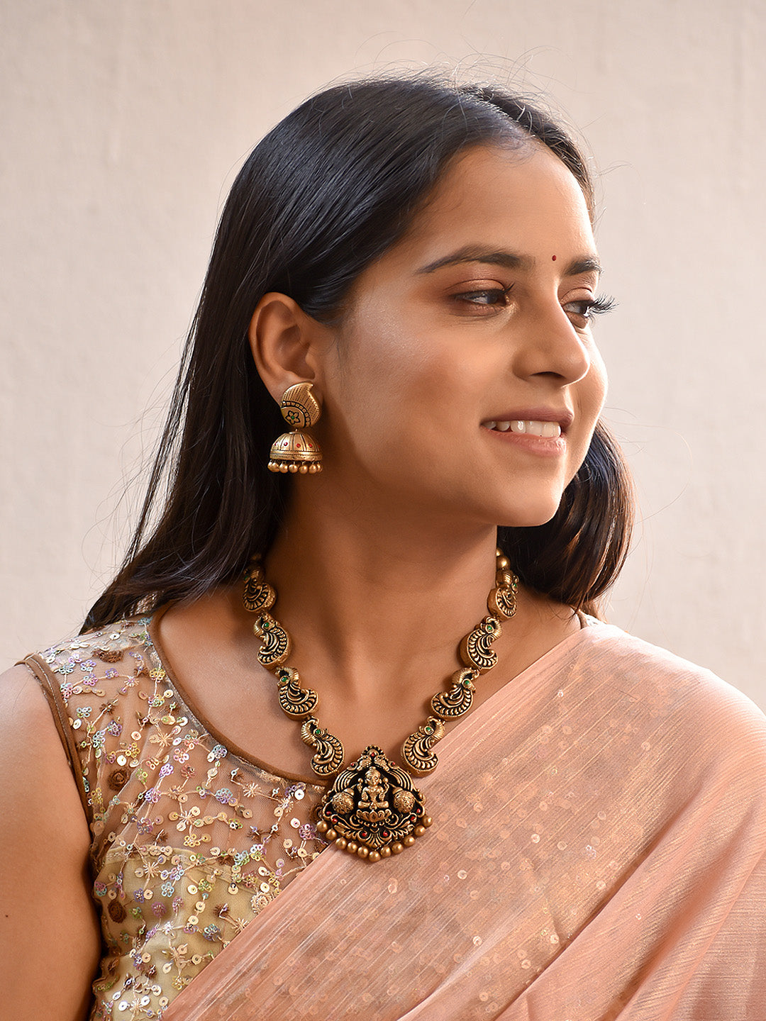 Beautifully Handmade Lakshmi Pendant Design Terracotta Jewellery Set in Antique Gold