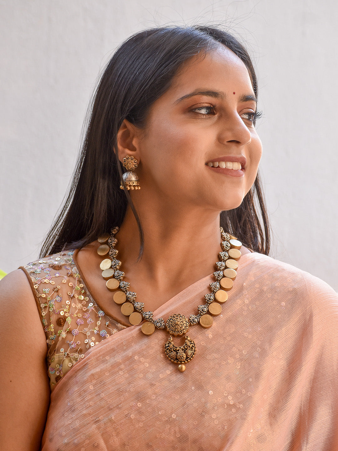 Beautifully Handmade Golden Beige & Antique Silver Coin Deisign Terracotta Jewellery Set