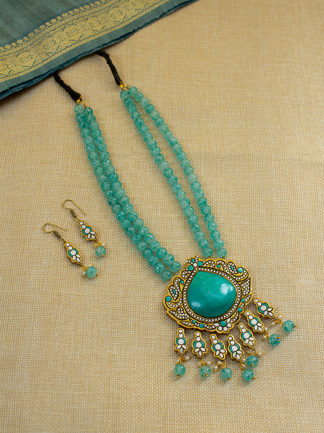 Beautifully Handcrafted Floral Terracotta Jewellery Set in Gold & Teal Blue