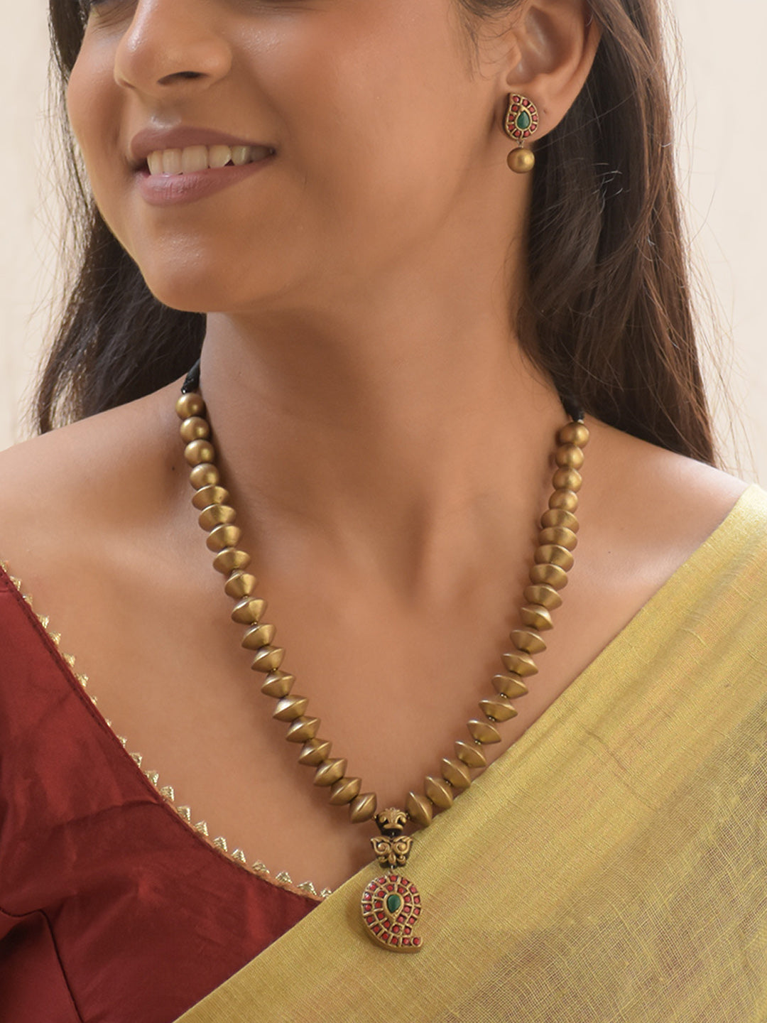 Paisleyara - Handmade Terracotta Statement Necklace Set – Antique Gold Beads with Paisley Pendant in Red Green Matching Earrings