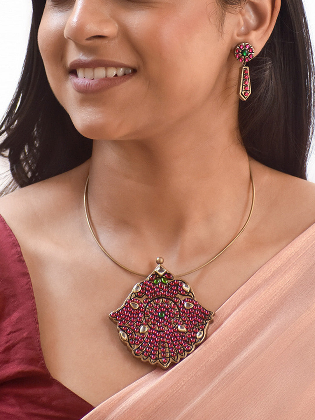 Statement Choker Necklace Set with Ruby Red Stones & Antique Gold Finish