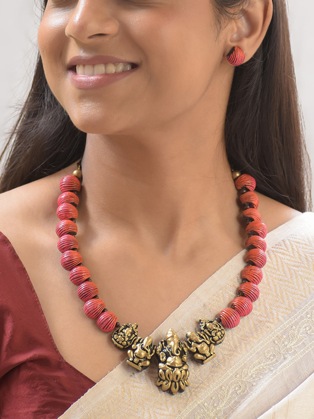 Aruna Ganapati — Ombre Shades of Orange Flower Petal Inspired Antique Gold Ganesha Engraved Pendant  Handmade Terracotta Necklace Set
