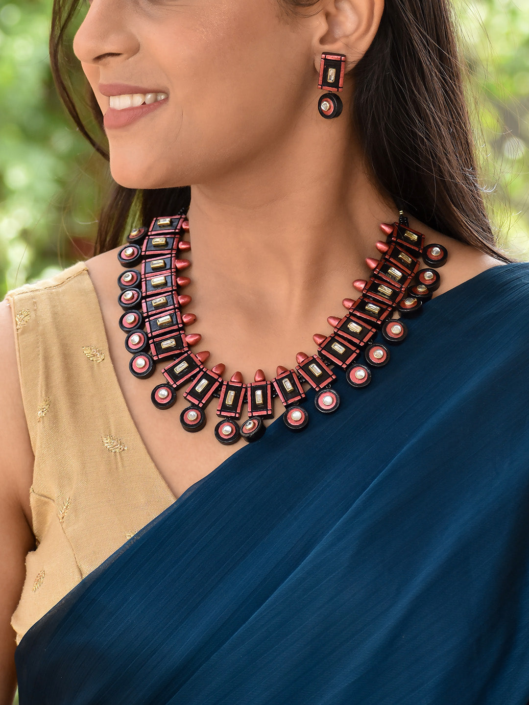 Beautifully Handcrafted Geometric Terracotta Jewellery Set in Copper & Black with Kundan Stones