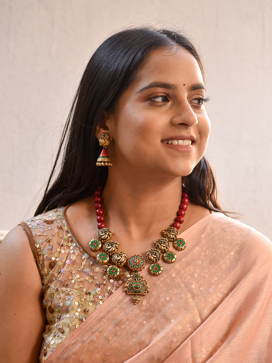 Beautifully Handmade Peacock Motif Terracotta Jewellery Set in Antique Gold & Red