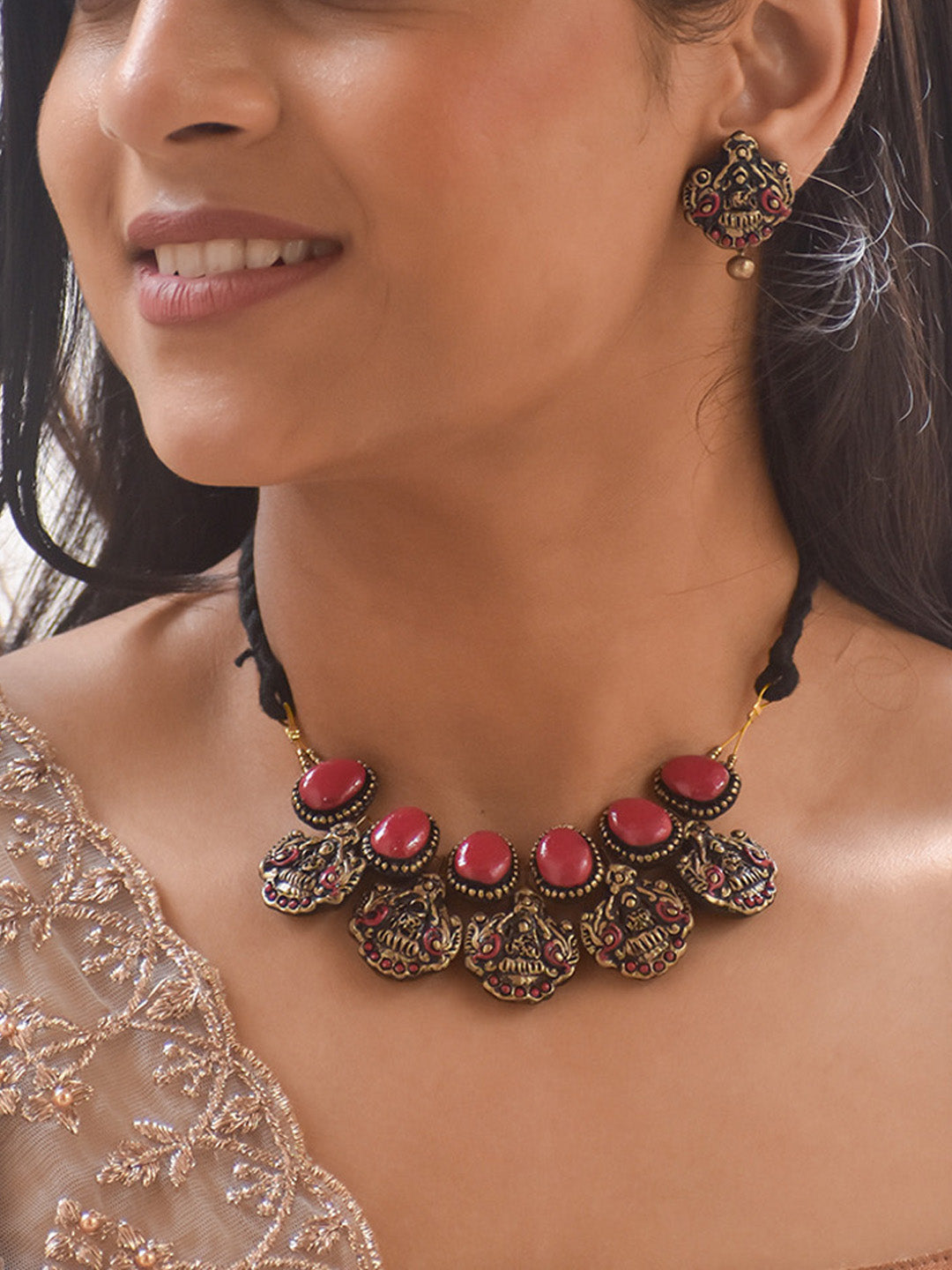Handcrafted Antique Gold Necklace Set with Red Stones & Black Thread – Ethnic Temple-Inspired Design with Matching Earrings