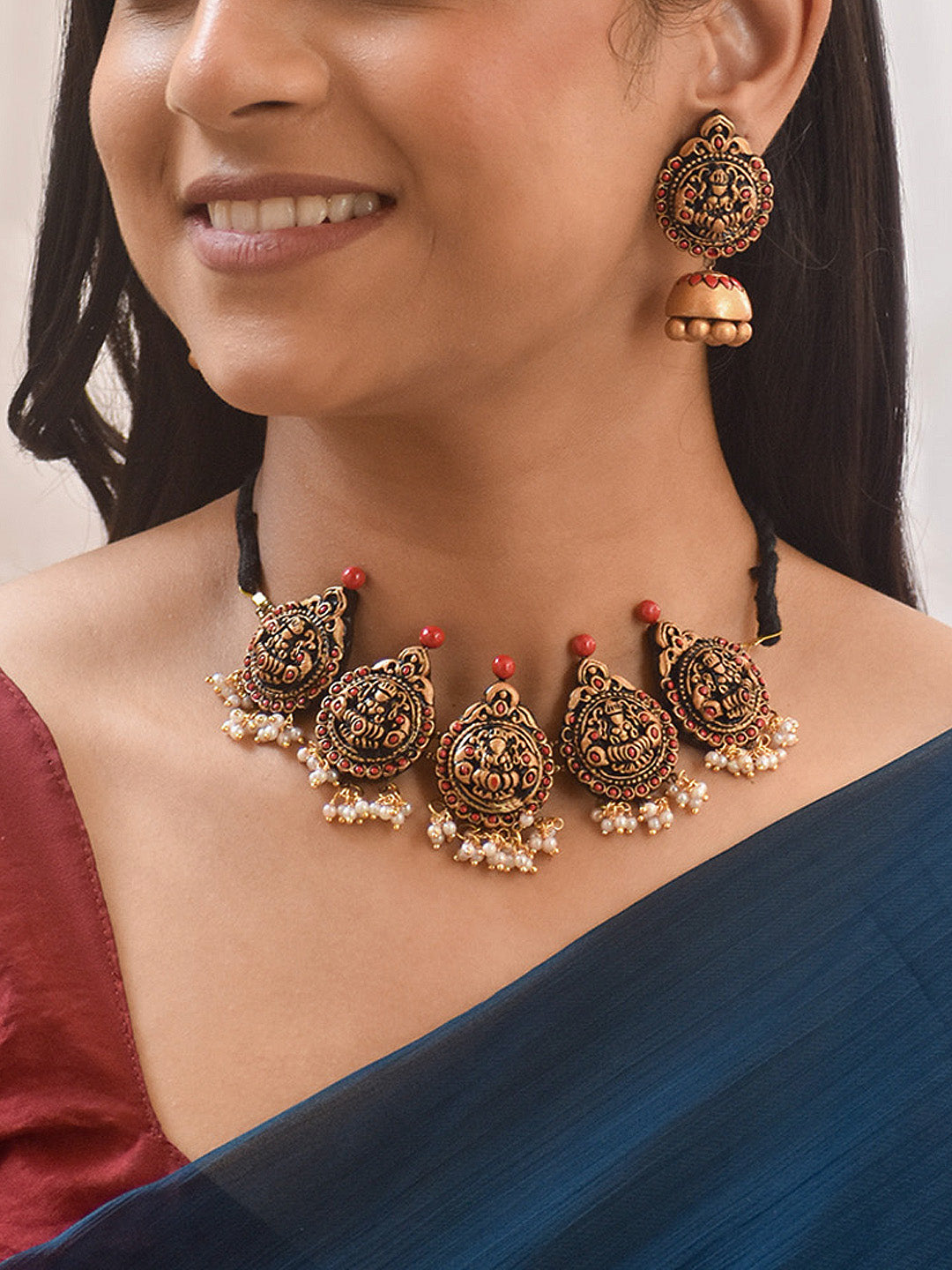 Handcrafted Lakshmi Pendant Terracotta Jewellery Set in Antique Gold, Red & Pearl Droplets