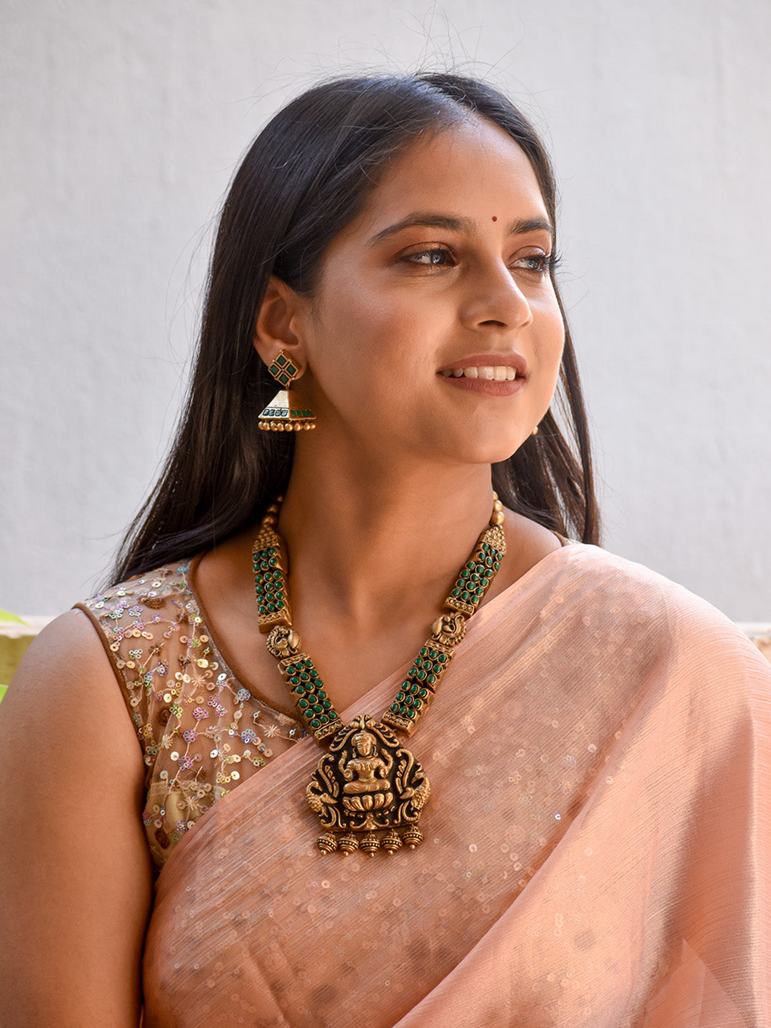 Beautifully Handmade Green & Antique Gold Lakshmi Pendant Terracotta Jewellery Set