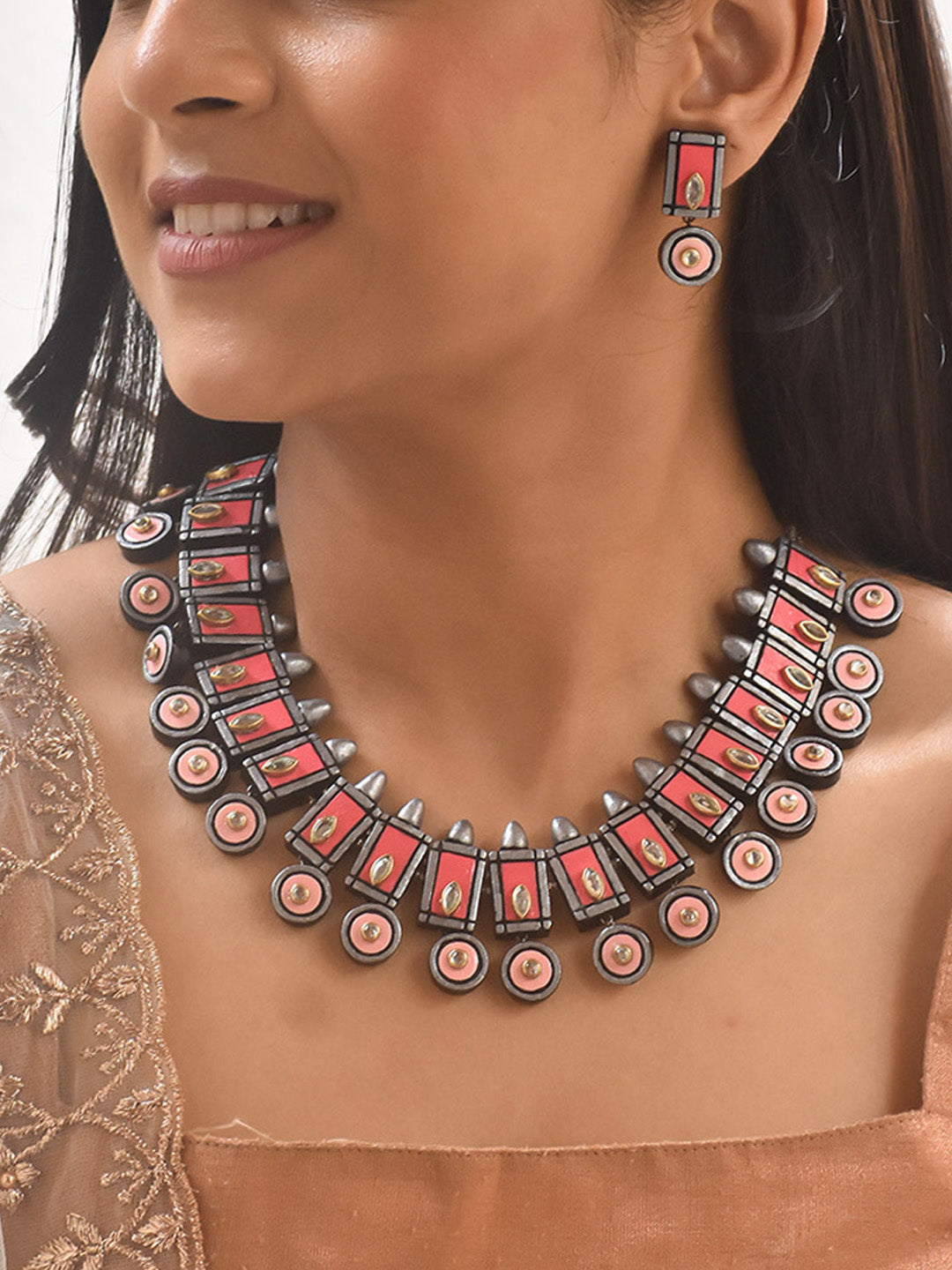Handcrafted Terracotta Statement Necklace Set with Pink and Antique Silver & Matching Earrings