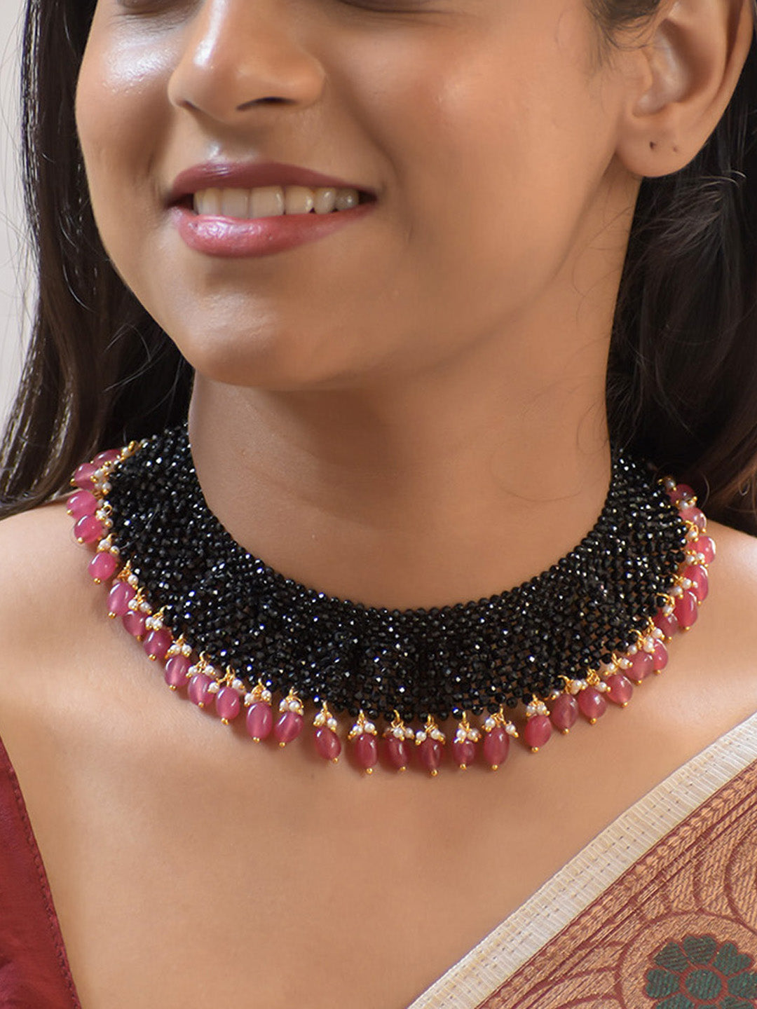 Intricately Woven Black Crystal Choker with Pink Agate Drops