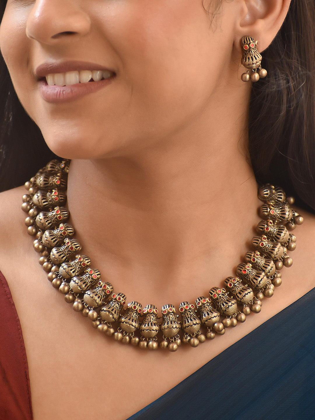 Handcrafted Antique Brass Necklace Set with Matching Earrings – Traditional Tribal Design
