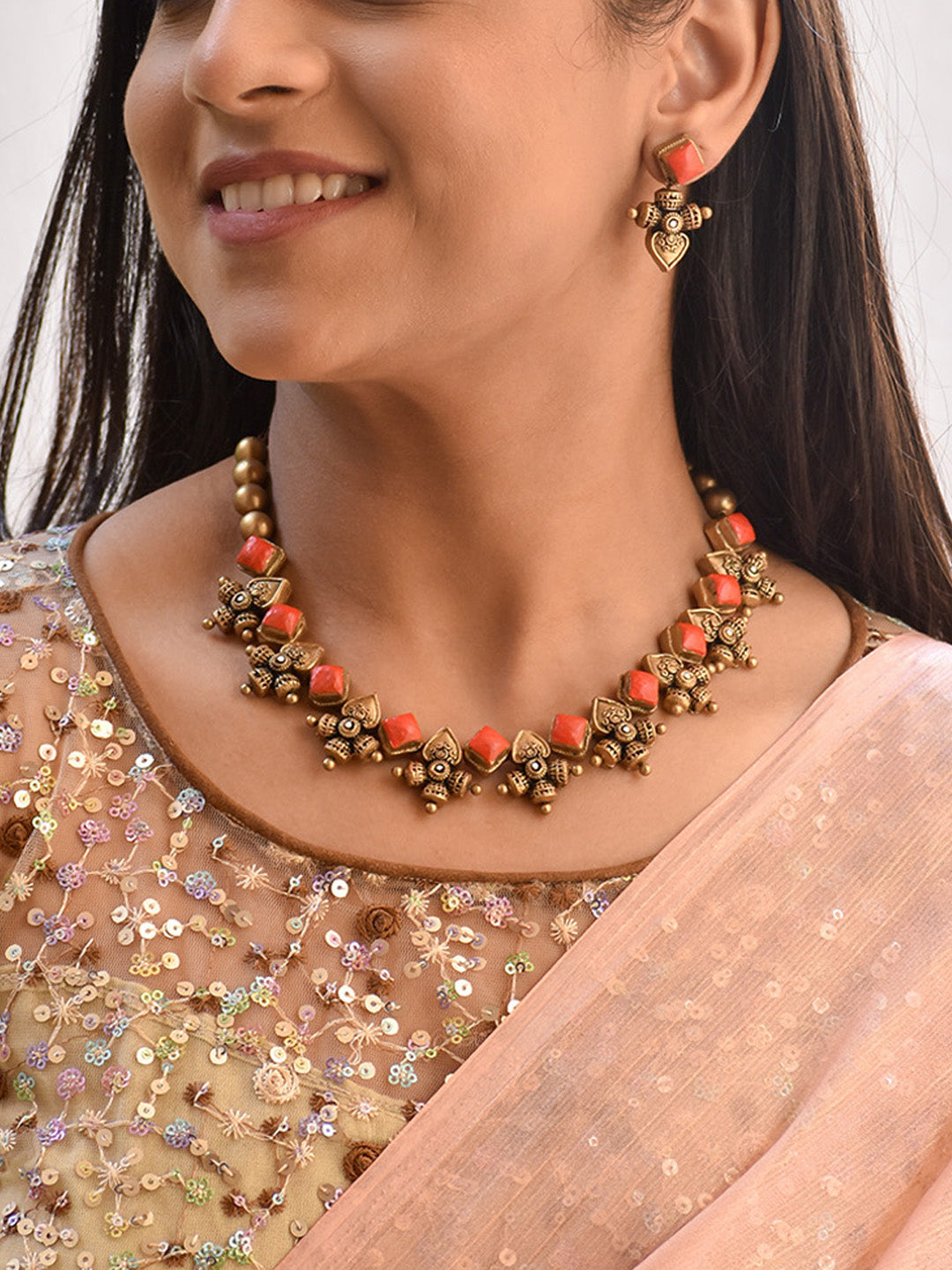 Beautifully Handmade Red & Antique Gold Temple Design Terracotta Jewellery Set