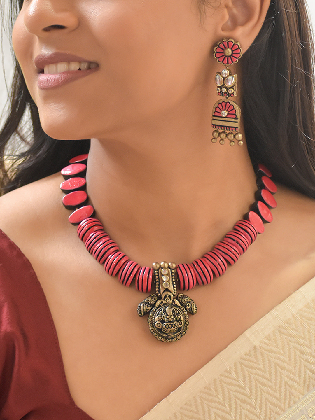 Handcrafted Terracotta Lakshmi Pendant Necklace Set with Pink Beads and Statement Earrings