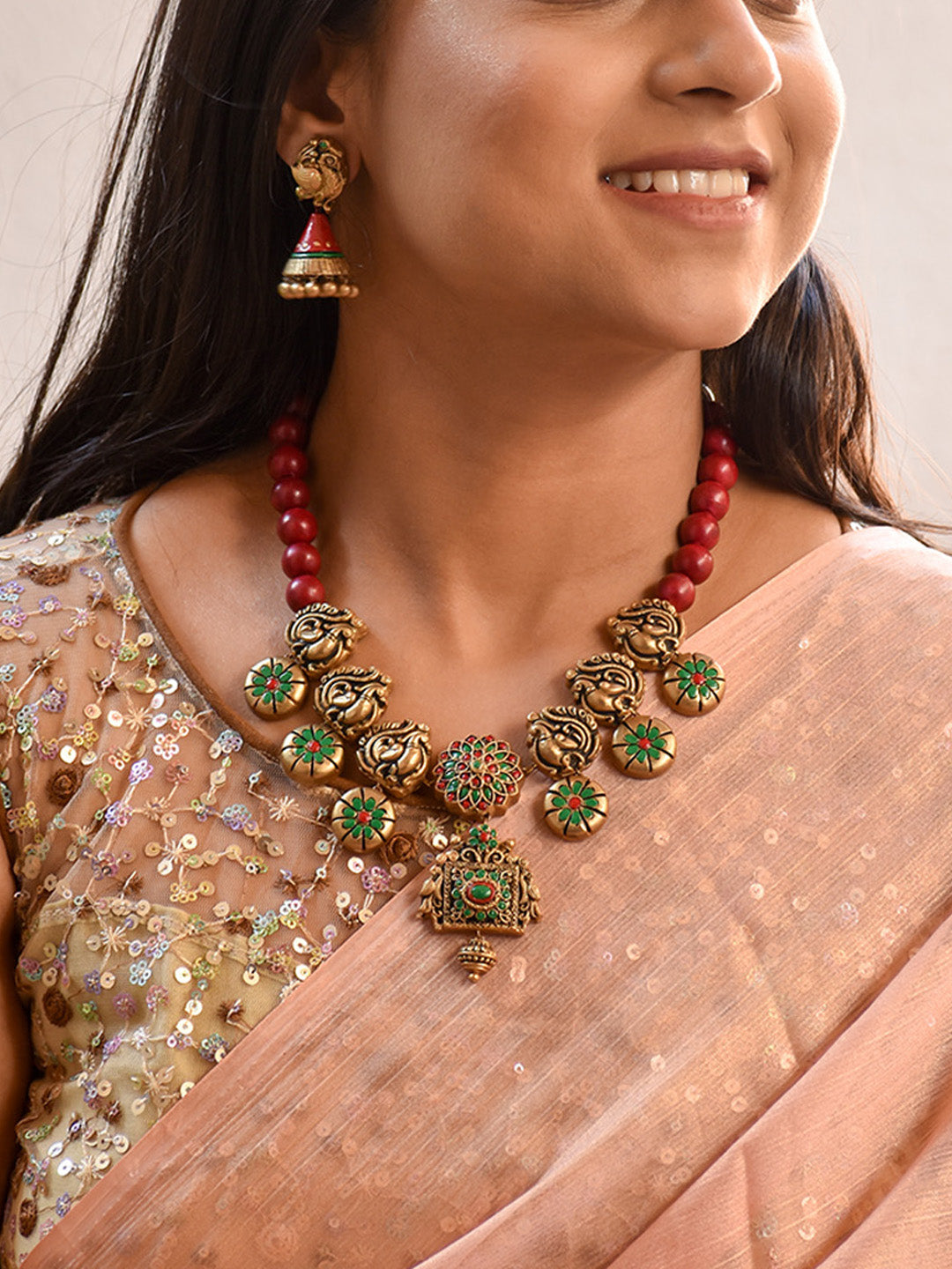 Beautifully Handmade Peacock Motif Terracotta Jewellery Set in Antique Gold & Red