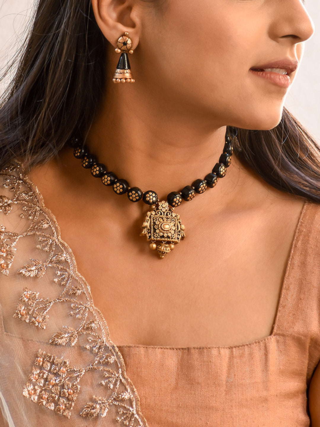 Beautifully Handmade Floral Terracotta Jewellery Set in Black & Antique Gold