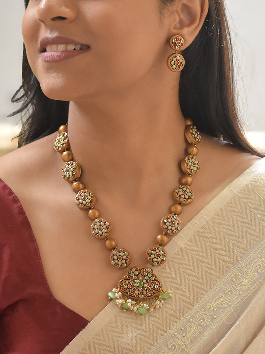 Handcrafted Terracotta Pendant Necklace Set with Antique Gold Beads and Multicolor Stones