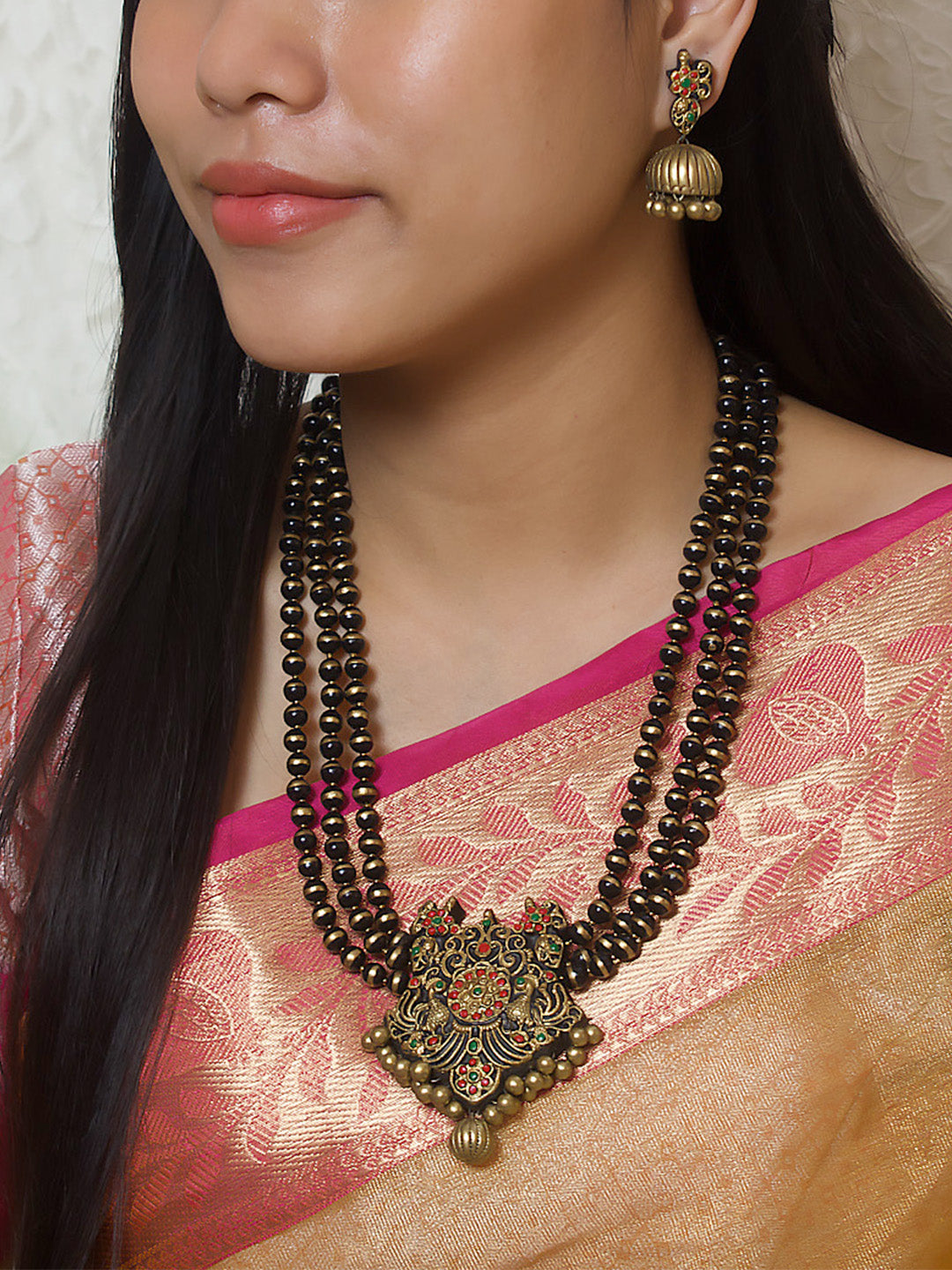 Black Antique Gold Red Green 3 Layered Peacock Design Haram Handmade Terracotta Necklace Set