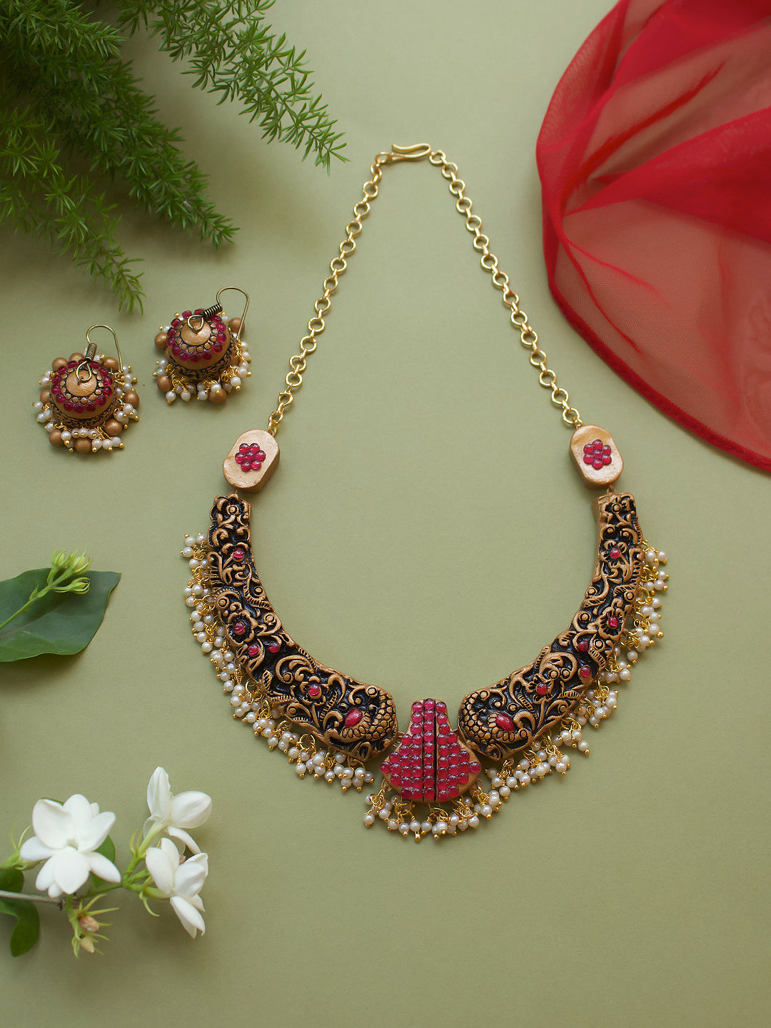 Flower Design Hand Painted Finish Terracotta Jewellery Set