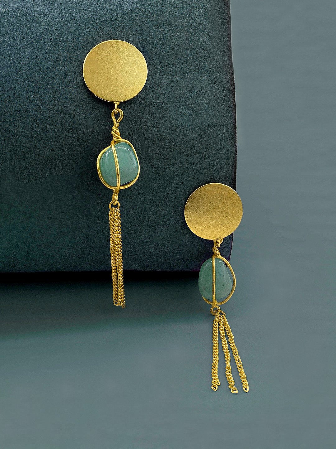 Contemporary Designer Gold Plated Green Color Onyx Semi Precious Stone Geometric Design With Hanging Chain Earring By Avismaya