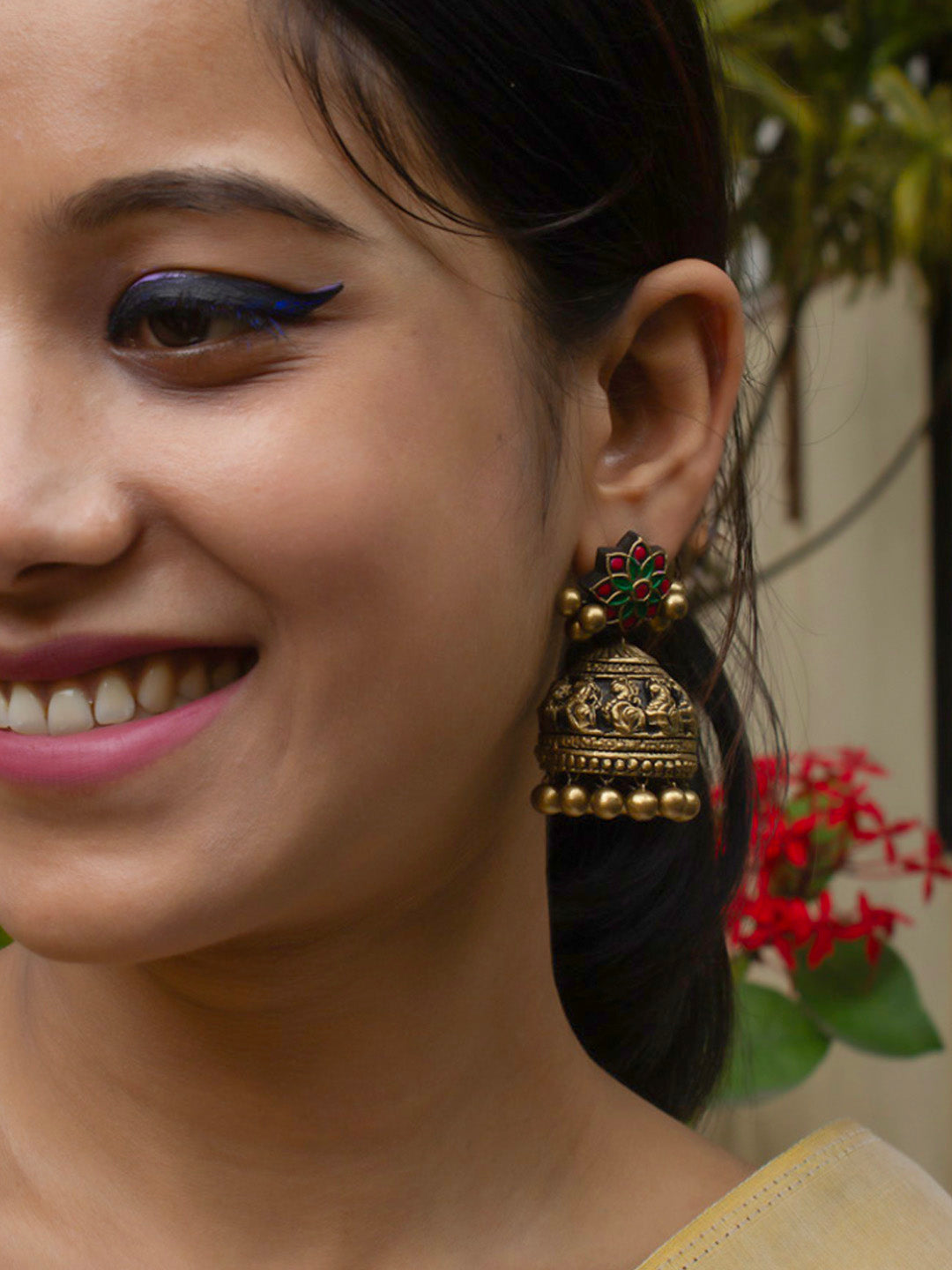 Priyanka — Antique Gold Red Green Mandala Art Design Peacock Handmade Terracotta Stud Jhumka Earrings
