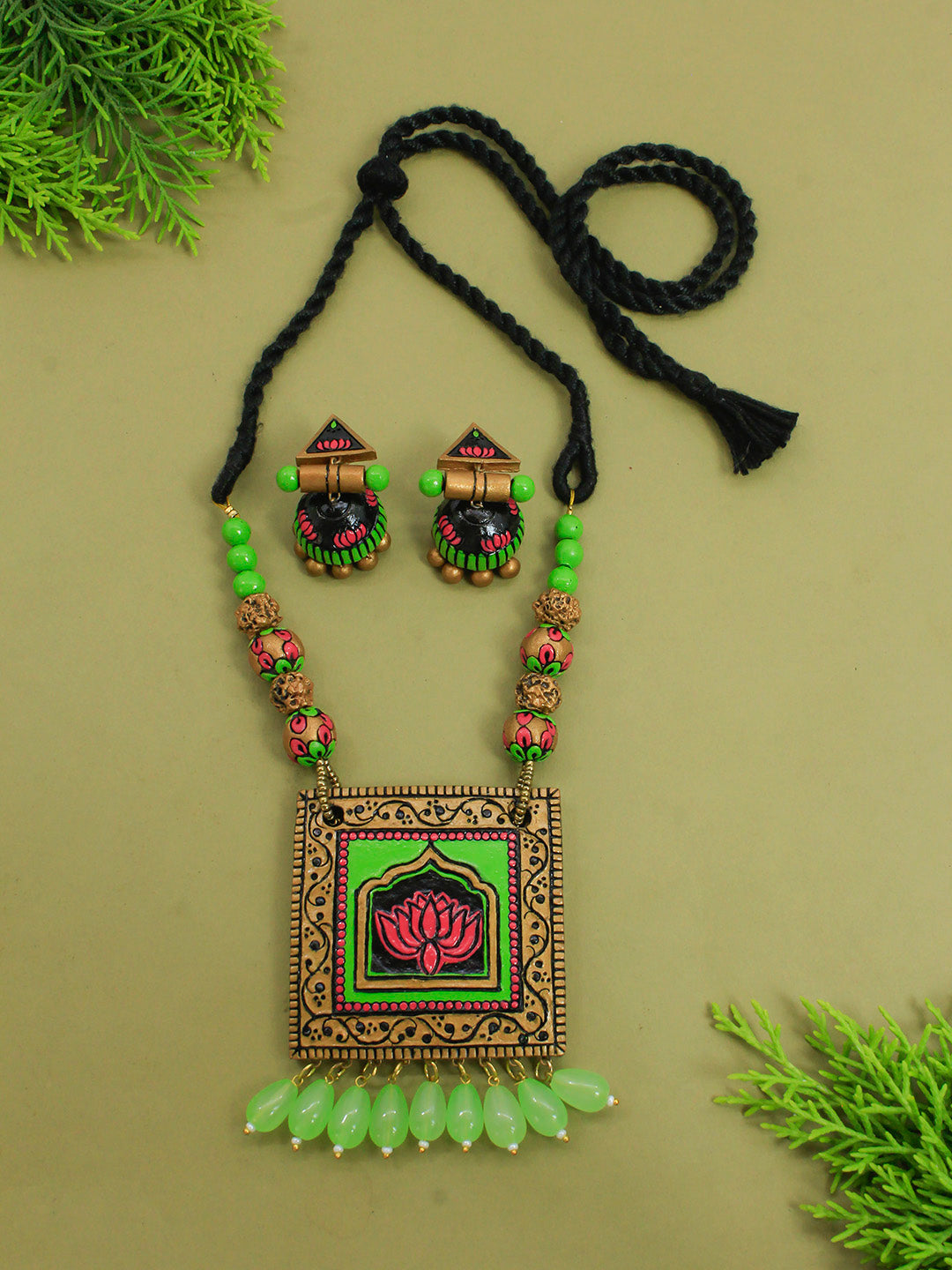 Pastel Shade Pink Green Gold Black Lotus Design Handmade Terracotta Necklace Set