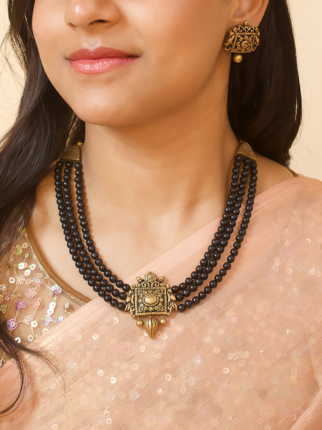 Samriddhi — Rani Haar Style Black Antique Gold 3 Layered Handmade Terracotta Necklace Set