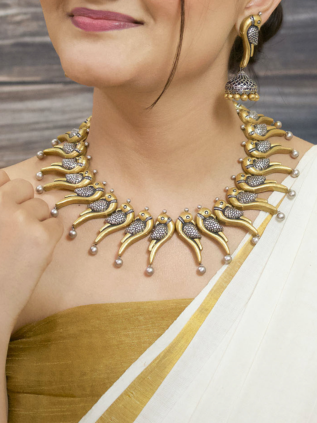Thotha (तोता) - Antique Gold Toned Parrot Design Terracotta Choker Necklace Set