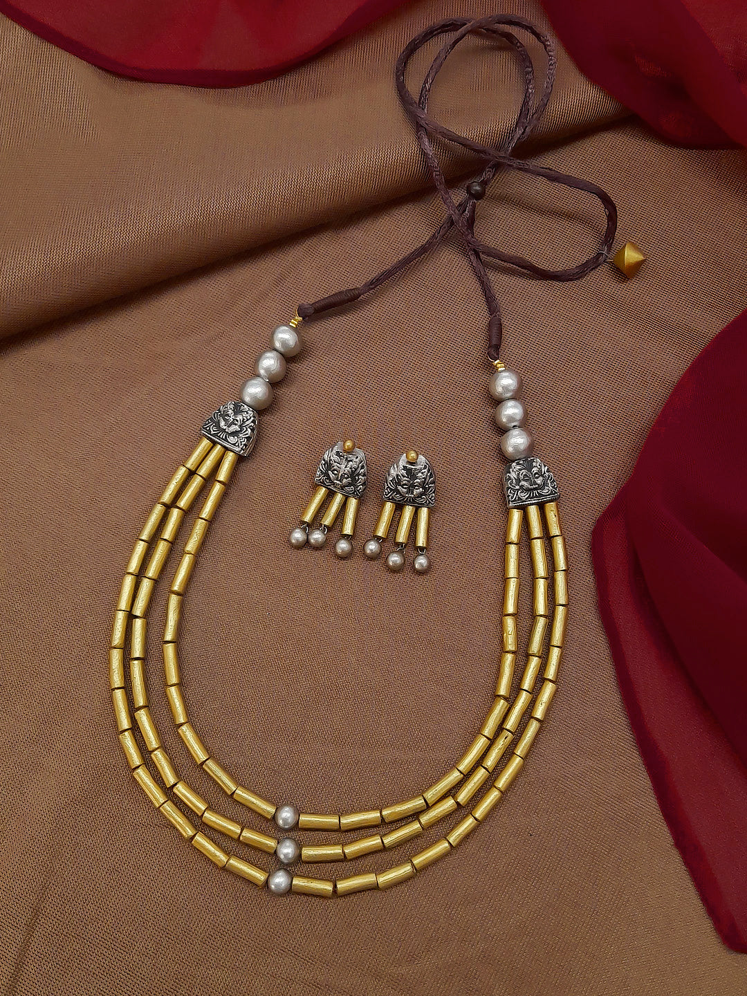 Antique Gold Toned Multilayered Tube Shape Beads Terracotta Medium Necklace Set
