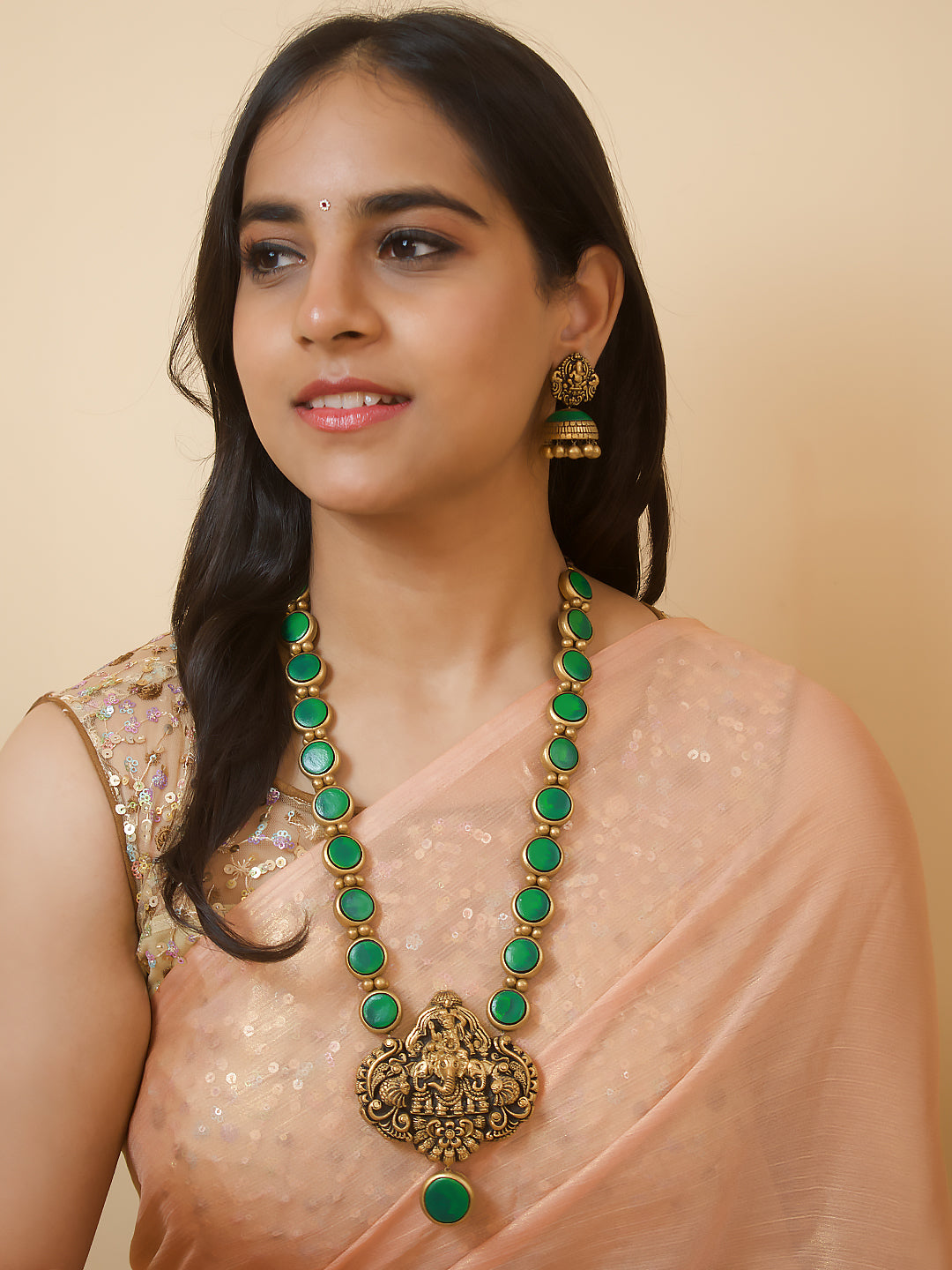 Ganesha Mandala — Green and Antique Gold Circular Pattern Ganesha Pendant Design Temple Long Handmade Terracotta Necklace Set