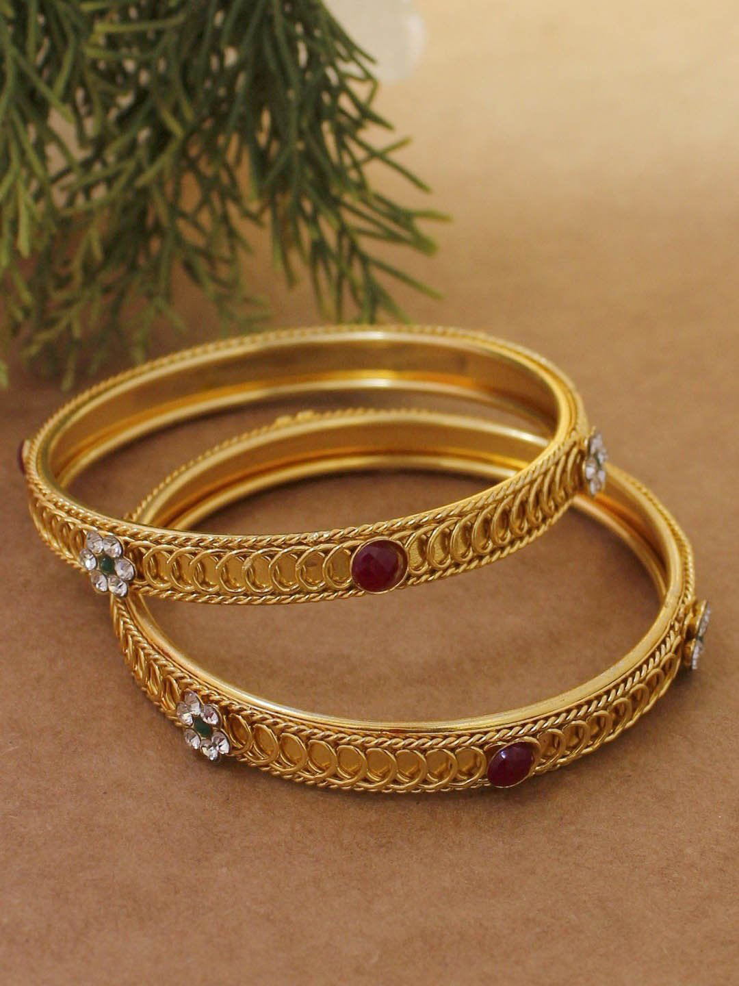 Avismaya Designer Gold Plated Floral Design Red And Green Color Bangles For Women