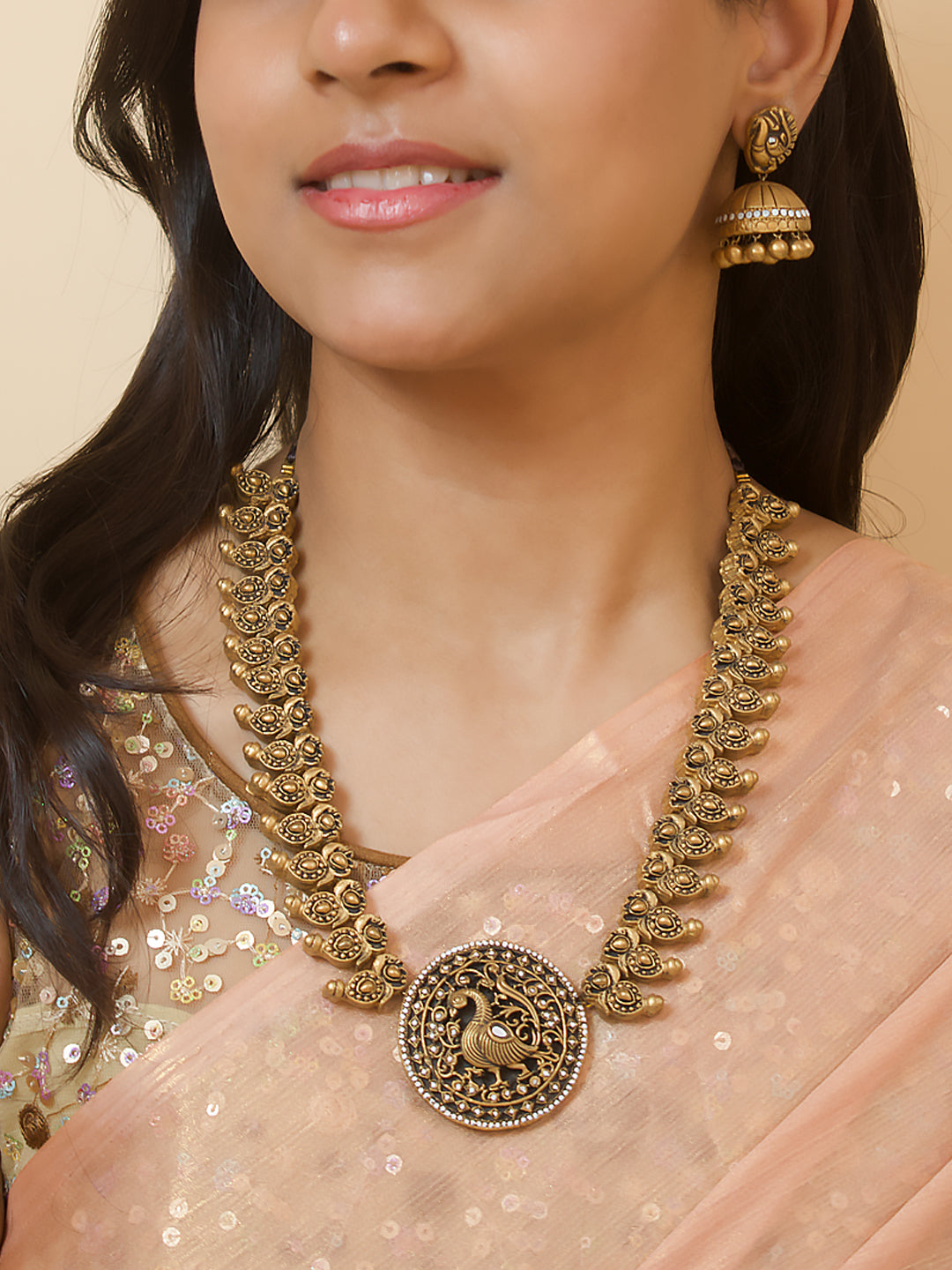 Antique Gold Peacock Mango Design Haram Style Temple Handmade Terracotta Necklace Set