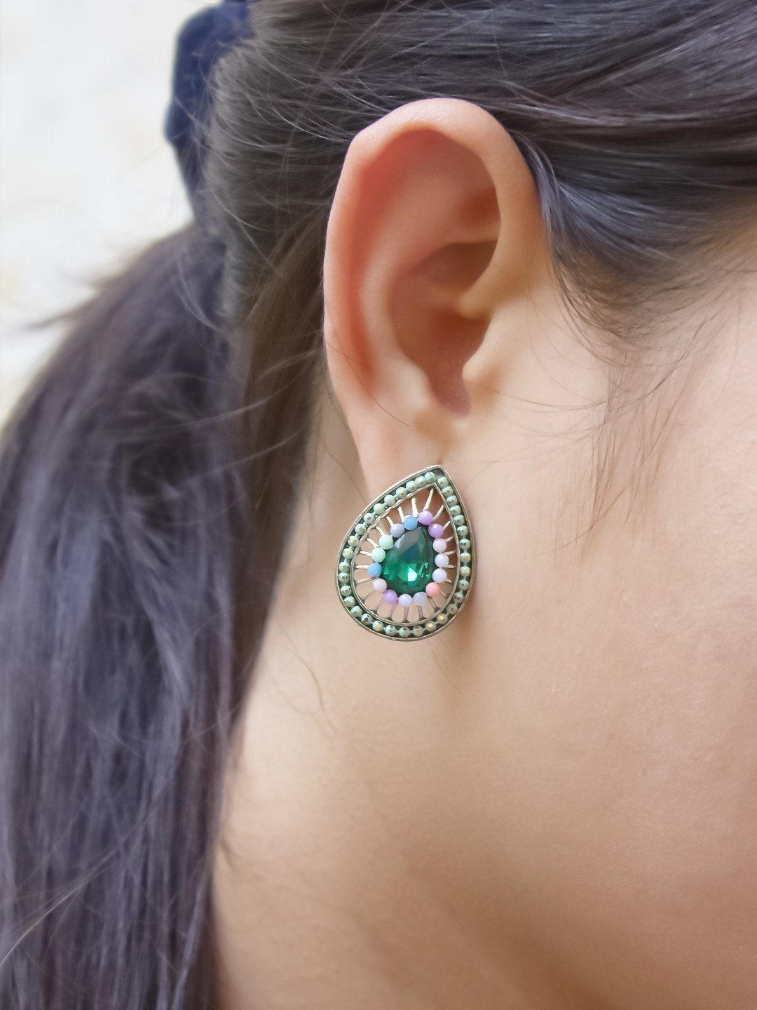 Silver Plated Flower Petal Design Multicolor Plastic Stone Stud Earring
