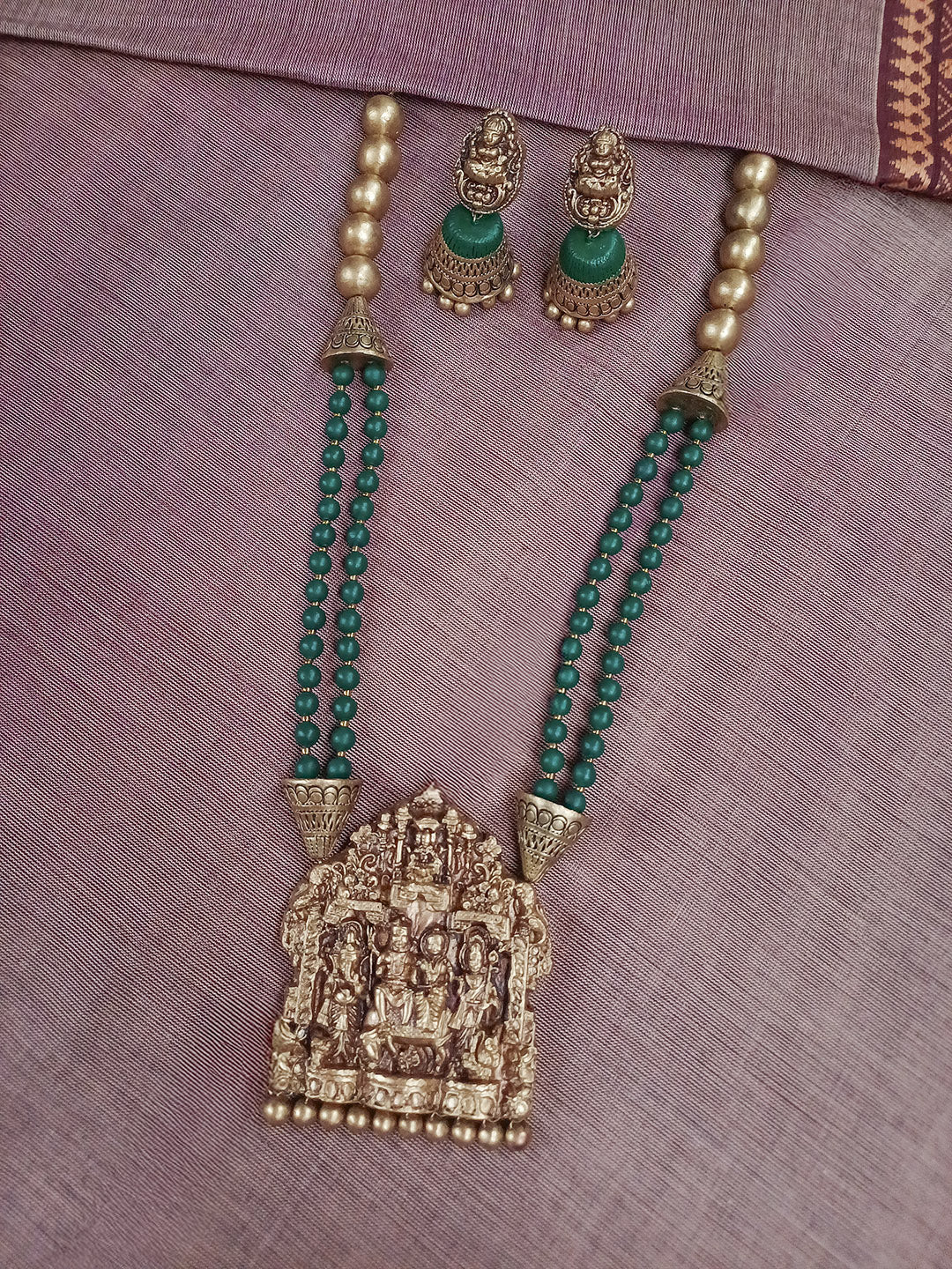 Terracotta Antique Shiva Parvati Ganesha Subramanya Temple Necklace Set with Dual Green Beads