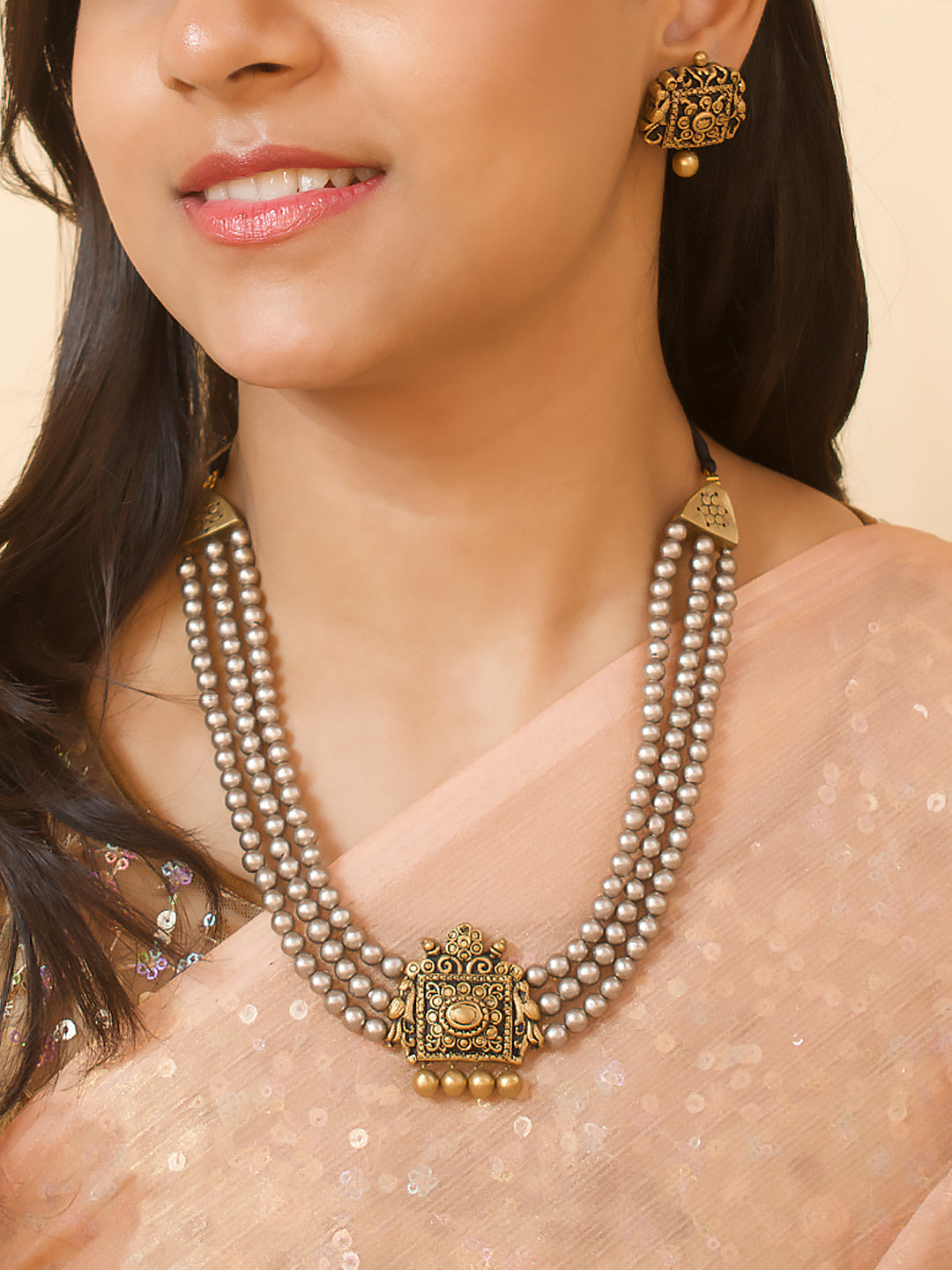 Pavitra — Dual Tone Antique Silver Gold Rani Haar Style 3 layered Handmade Terracotta Necklace Set