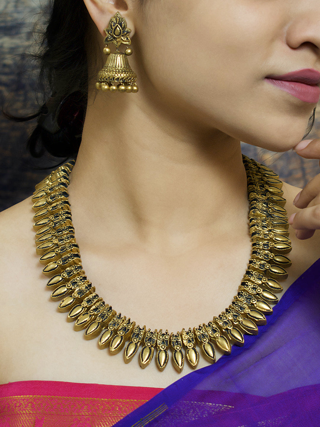 Antique Gold Toned Tear Drop Design Motifs Terracotta Long Necklace Set