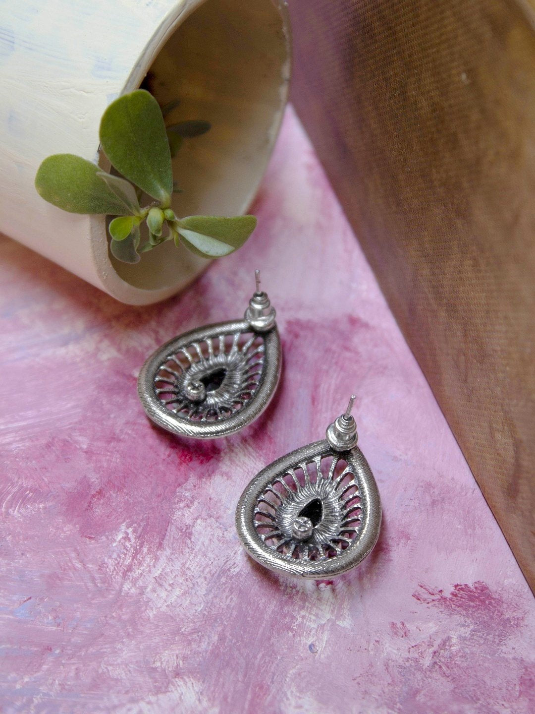 Silver Plated Flower Petal Shape Multicolor Artificial Stone Stud Earring