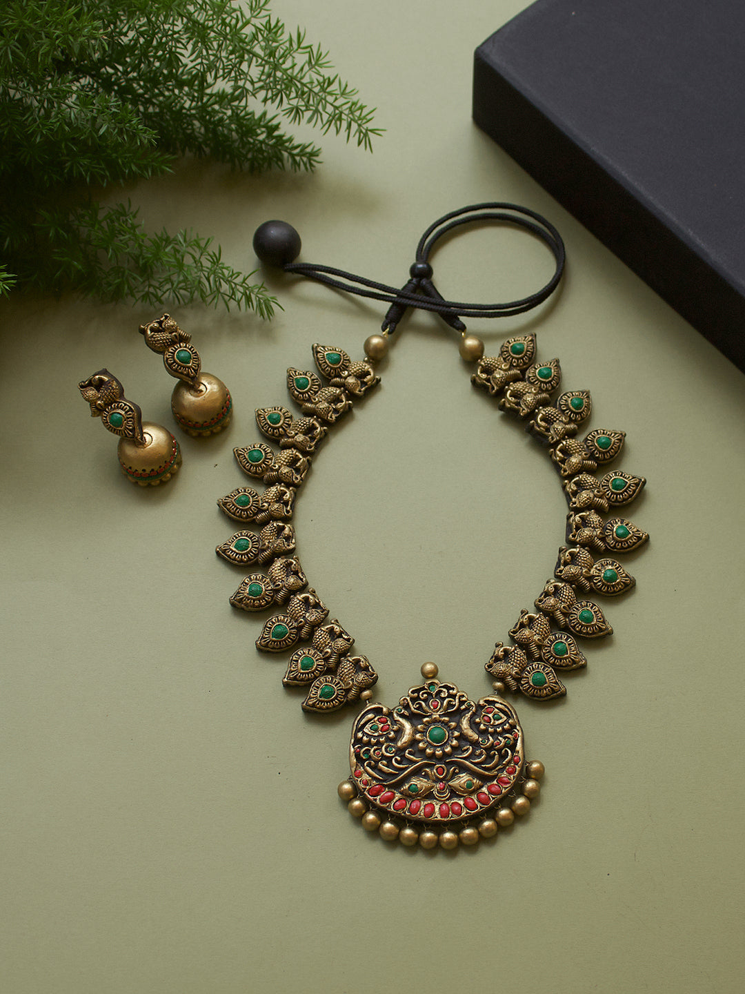 Peacock Design Hand Painted Finish Terracotta Jewellery Set in Antique Gold Green and Red
