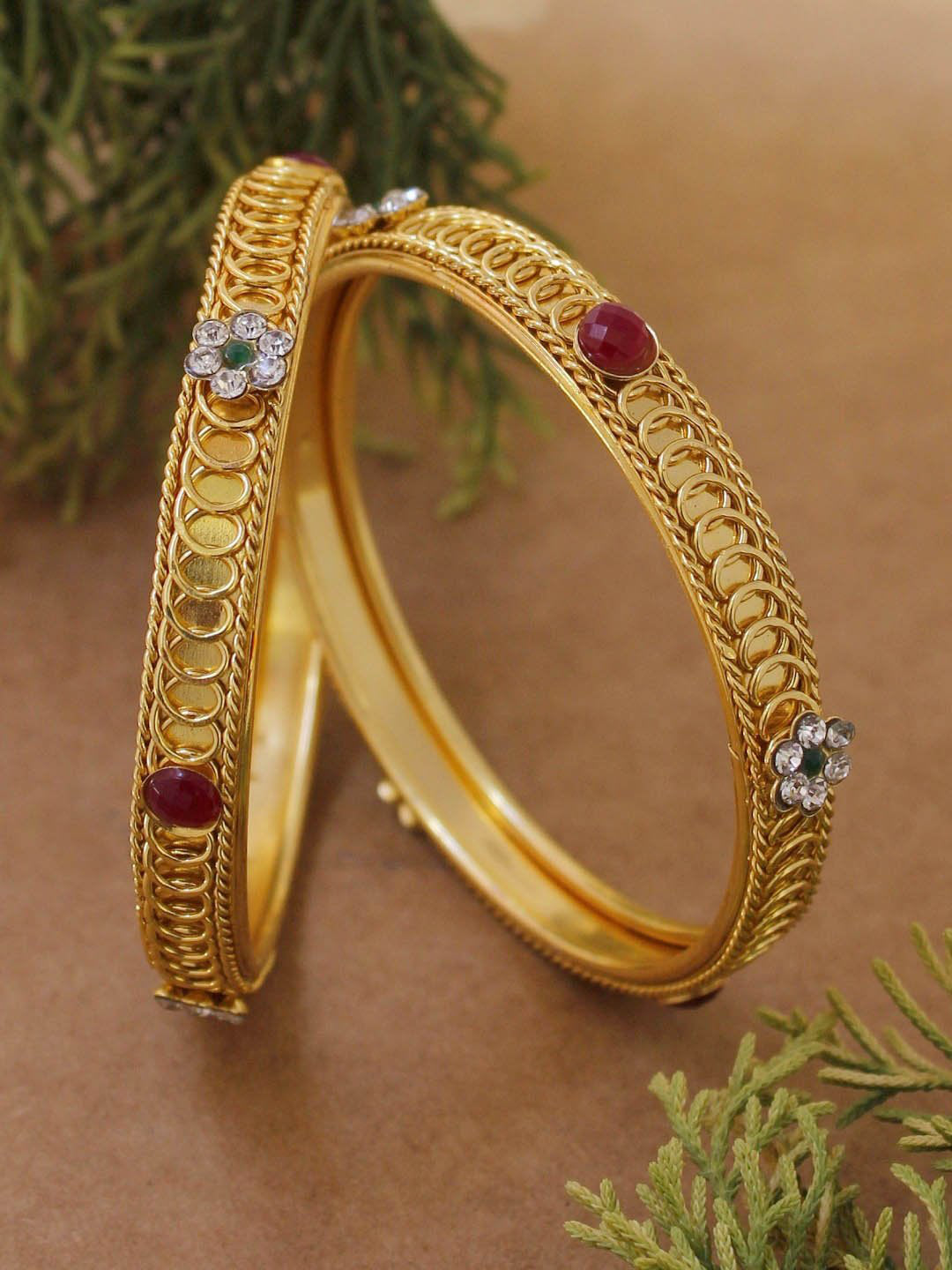 Avismaya Designer Gold Plated Floral Design Red And Green Color Bangles For Women