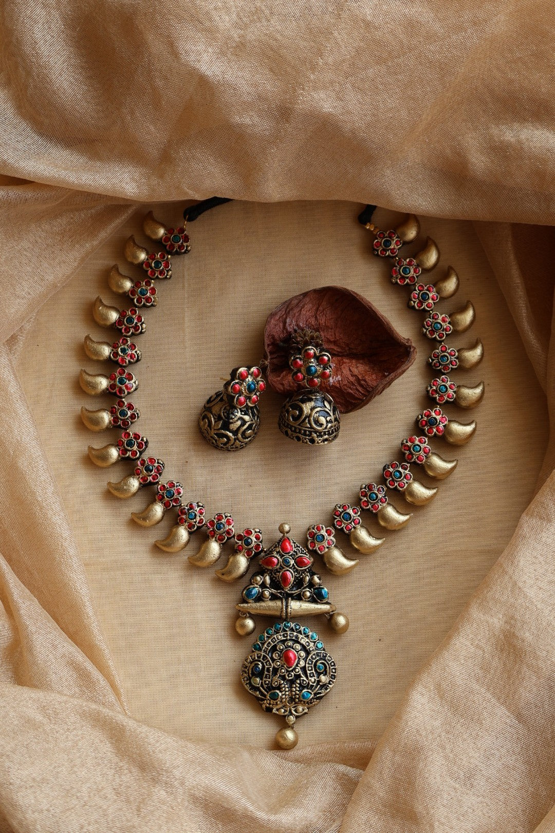 Antique Floral Temple Terracotta Necklace Set with Crescent Charms